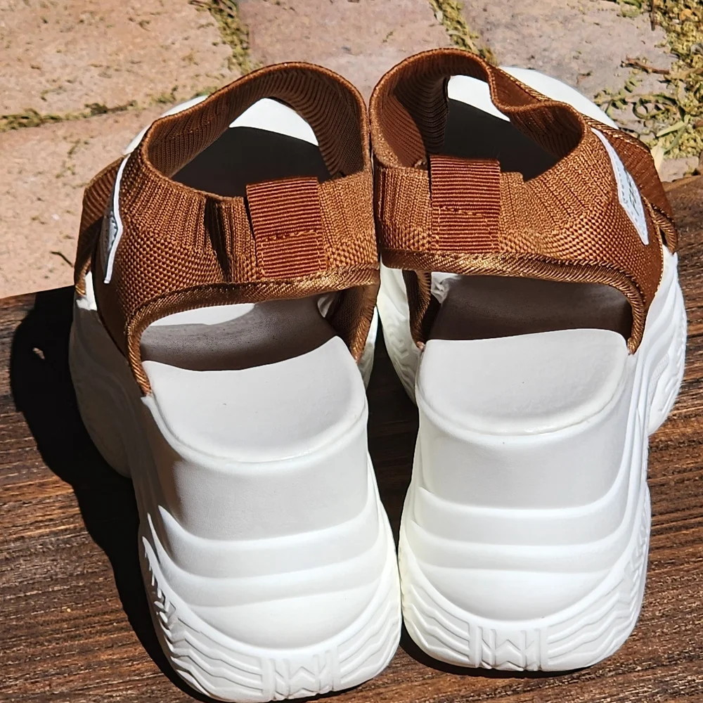 Women's Tan Knit Platform Wedge Sandals - Chunky White Sole Open Toe - Size 9.5